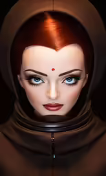 a girl with red hair and blue eyes and a collar around her neck