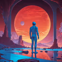 an astronaut looking at a red planet, from the ground,an astronaut looking out onto the distance in front of a large red object