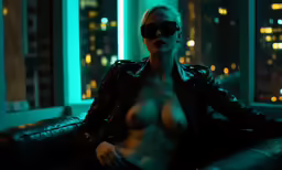nude women in black leather jackets and sunglasses are posing