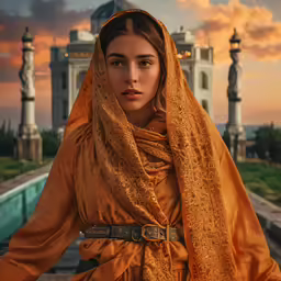 a woman wearing an orange shawl posing for a picture