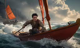 a boy riding in the ocean in a small boat,a boy on a small boat with red sail in a body of water