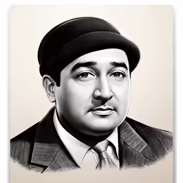 a black and white drawing of a man wearing a suit