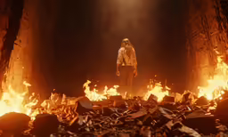 a woman is standing near flames and rocks
