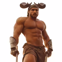 the man is wearing horned horns and holding a large axe