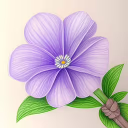 a purple flower with green leaves in pastel,colored pencil drawing of a purple flower with green leaves