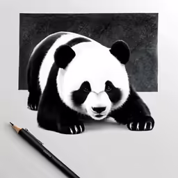 a panda bear is laying on the ground next to a black and white photo