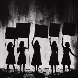 a group of children holding up placards in the air