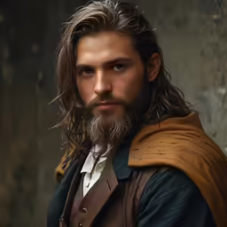 man with long beard wearing an old fashion brown and blue jacket