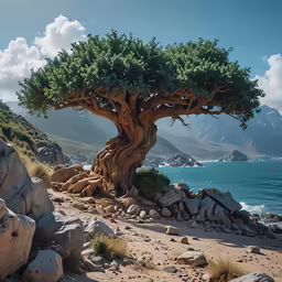 a large tree with leaves that is next to the ocean