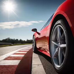 the red car is parked on the road in the sun