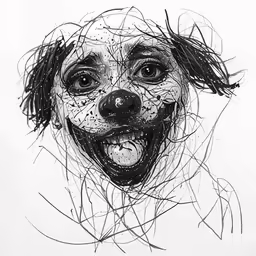 an art work of a dog with the face painted black and white