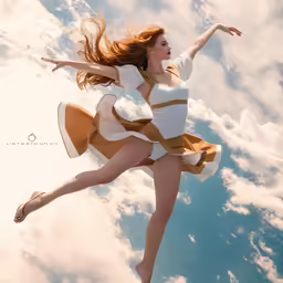 a woman in a dress flying through the air