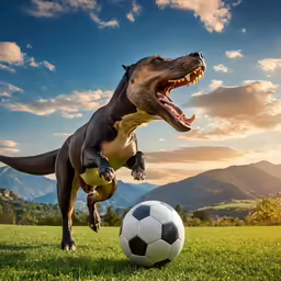 an adult black and white dog with mouth open and tongue out playing with a soccer ball
