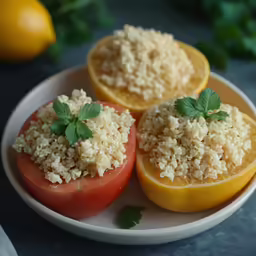three halves of tomatoes that have been cooked with rice