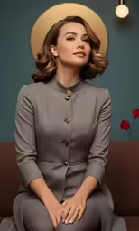 a woman sitting in a chair wearing a gray dress