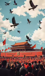 a group of birds flying over a large crowd