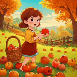 the girl is holding an apple in her hands,a little girl standing on top of a lush green field