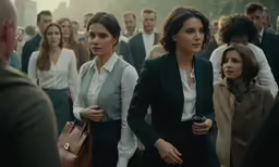 people walking past each other outside in suits