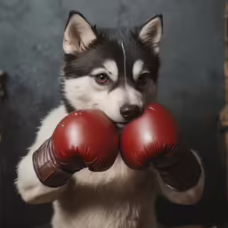 a husky dog wearing red boxing gloves and posing for the camera