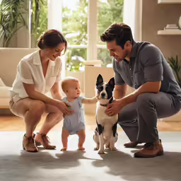 a man is playing with his baby and a dog