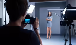 a woman is standing in front of a camera and a man behind it