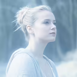 there is a woman with her hair in a bun standing outside