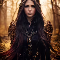 woman in the woods with long dark hair and wings