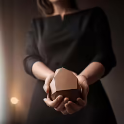a woman holding a miniature wooden house