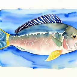 an image of a fish that is painting in watercolor,a watercolor sketch of a fish with stripes on its tail,a painting of a fish is in water,a blue and white fish with its tail tail extended,a painting of a fish with striped fins on the water