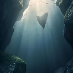 a boat in a narrow passage between mountains