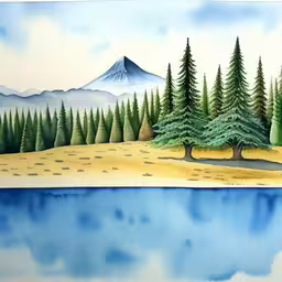a painting of a forest and lake with trees,a painting of trees and a blue lake with a mountain in the background