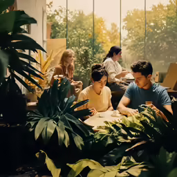 a group of people sitting around plants in a room