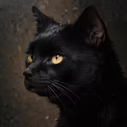black cat with orange eyes looking to the side
