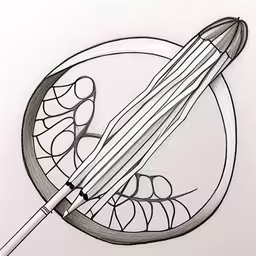 some drawing material sitting on a plate,a black and white drawing of an oriental design with bamboo stick on the end,a drawing of a fork and some other objects on a plate,drawing of an ornate bowl with a spoon and fork,a drawing of a pair of scissors on top of a plate