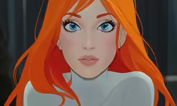 the red headed girl has long hair and blue eyes