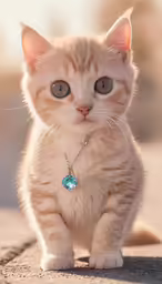 an orange kitten with blue eyes sitting in the dirt