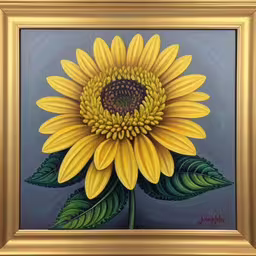 this is an oil painting of a yellow sunflower,a painting of a large sunflower painted in oil on canvas