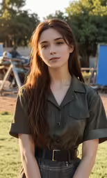 the girl in the army dress is posing for the camera