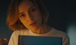 a young woman looks at the camera, while her finger points to the screen