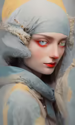 the head of a doll is covered in a blue veil