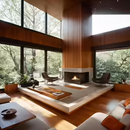 living room with wood paneling, large window and wood floor