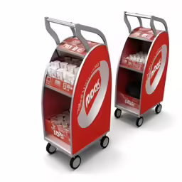 two soda machines with wheels for storing beverages