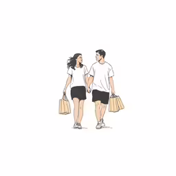 a man and woman walking together in the middle of a drawing