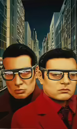 a painting of two men wearing glasses in a city