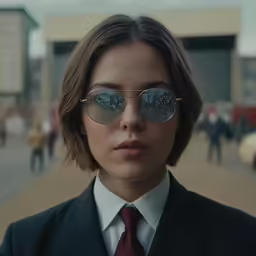 woman in sunglasses standing in front of a group of people