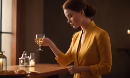 a woman holding a glass of wine standing next to a candle