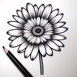 pencil drawing of a flower with long petals,drawing a sunflower with black and white markers