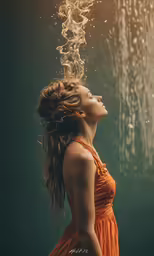 the girl in an orange dress is blowing bubbles