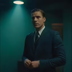 a man in a suit standing with his hands folded in front of him