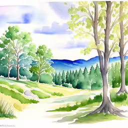 a painting of a forest scene with mountains in the background